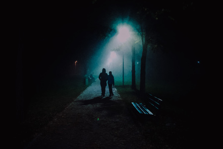 illustration of fog in the park at night, soft focus, mother and childの写真素材