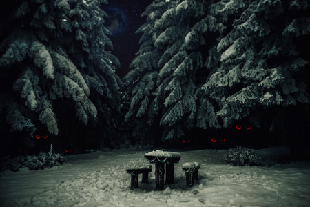 evil red eyes in the forest, night in winterの写真素材