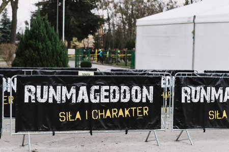 WROCLAW, POLAND - APRIL 8; 2018: Runmageddon - extreme competition in running with many obstacles, logo showのeditorial素材