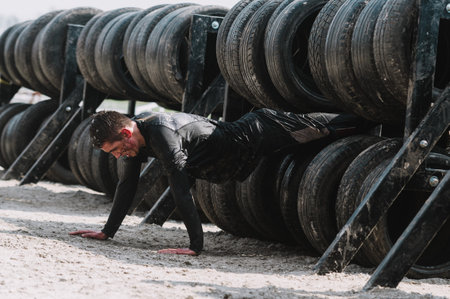 WROCLAW, POLAND - APRIL 8; 2018: Runmageddon - extreme competition in running with many obstaclesのeditorial素材
