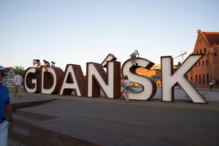 07.08.2018 Gdansk, Poland - Gdansk sign with the children.