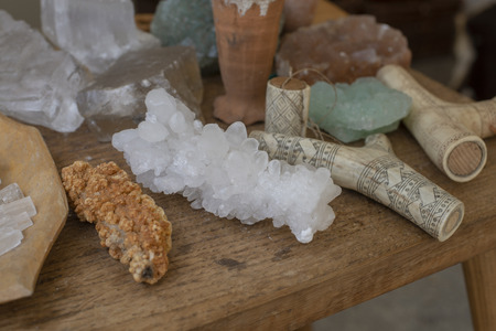 stones minerals on a wooden tableの写真素材