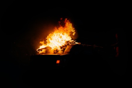 political protests, burning cars on the streetの写真素材