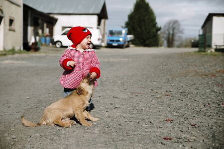 baby girl is playing with a puppyの写真素材