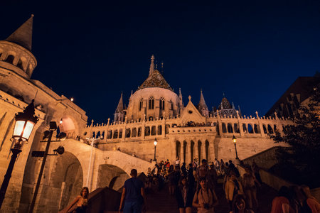 16.08.2019 Budapest, Hungary, view on Halaszbastya - Fisherman Bastion, in the nightのeditorial素材
