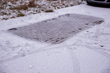 parking space for a car, in the snowの写真素材