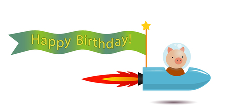 piggy spaceman on the rocker spaceship with flag for greeting inscriptions, captions, headings, headlines, etcのイラスト素材