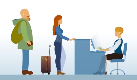 airport departure area or hotel reception with passengers or clients, touristsのイラスト素材