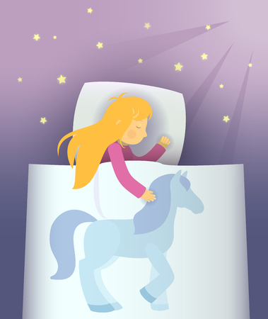 little girl dreaming about little blue ponyのイラスト素材