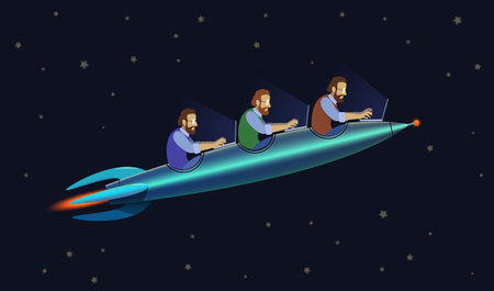 A Development Team flying on the startup rocket. Start up business concept