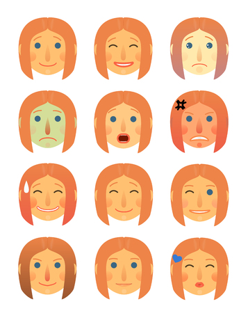 girl or woman different face emotions collection cartoon flat - Emoji emoticon icons illustration set. Face on a white background, isolated.のイラスト素材