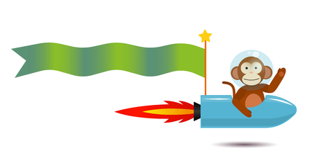 monkey spaceman on the rocker spaceship with flag for greeting inscriptions, captions, headings, headlines, etcのイラスト素材