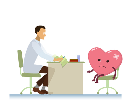 diseased heart on consultation with a doctor cardiologist, who read cardiogram - cartoon stylization symbol - World Health Dayのイラスト素材