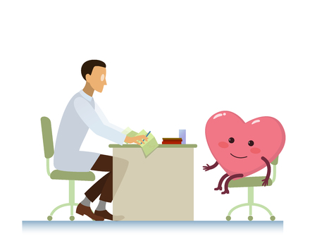 healthy cheerful heart on consultation with a doctor cardiologist, who read cardiogram - cartoon stylization symbol - World Health Dayのイラスト素材