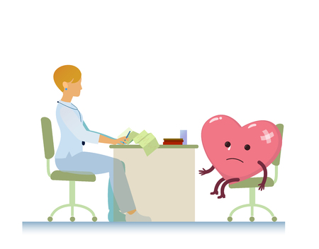 diseased heart on consultation with a doctor woman cardiologist, who read cardiogram - cartoon  stylization symbol - World Health Dayのイラスト素材
