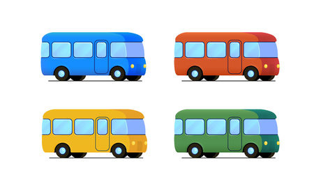 vector cartoon flat bus icon set. color car - blue, yellow, red. green, schoolのイラスト素材