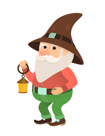 garden gnome with a small oil lamp, dwarf, figurine or cartoon character, isolatedのイラスト素材