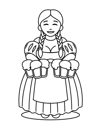 cute cartoon blonde girl in traditional dress with beer mugs. Oktoberfest or St.Patrick 's Day. Tavern, pub, bar, festival.のイラスト素材