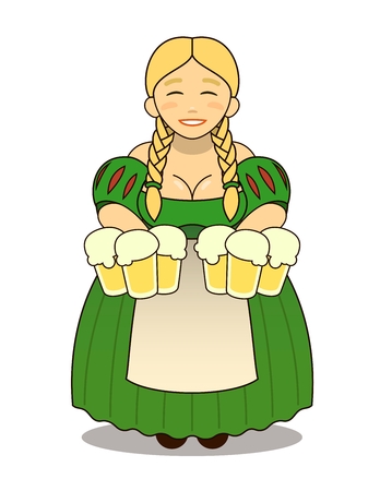 cute cartoon blonde girl in traditional dress with beer mugs. Oktoberfest or St.Patrick 's Day. Tavern, pub, bar, festival.のイラスト素材