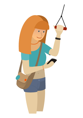 Happy girl passenger traveling in the subway or bus, looking at the phone. Vector illustrationのイラスト素材