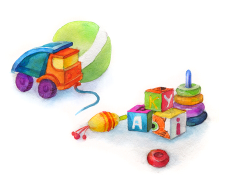Truck toy car for boy, toys, whirligig, ball and cubes with letters, watercolor isolatedの写真素材