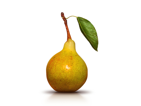 juicy and ripe green pear with leaf on the stalk - photo isolatedの写真素材