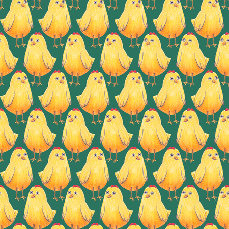 Seamless background Easter pattern with cute little yellow chickens on a green blue background. Textiles, gift wrapping paper, wallpapers for a child's room. colored pencils crayon drawingの写真素材