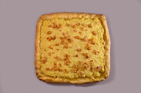 cheese cake pie with apples isolated on white backgroundの写真素材