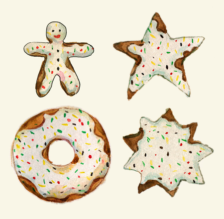 Set of cakes collection. Birthday cake, cake star, gingerbread cookie, chocolate donut. collection of watercolor aquarelle illustration -の写真素材