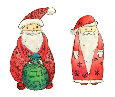 Set of Santa Clause. Funny Santa. New Year Greeting Card. Christmas watercolor background. Cartoon Santa watercolor illustration. Delivery of New Year gifts. Santa's Sack. Christmas Delivery Service - work clipping pathの写真素材