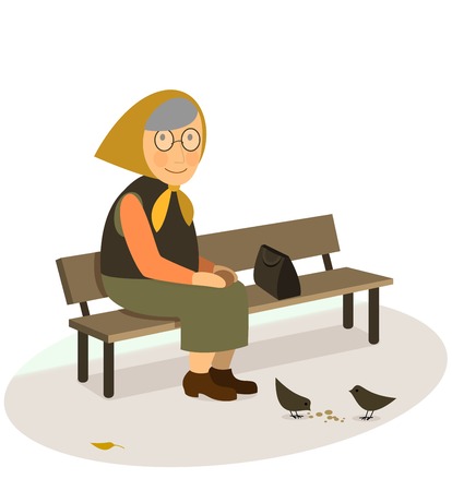 CIS grandmother elderly old woman sitting on a bench feeding pigeons with bread crumbs in the park Vector flat illustration isolated on white background CIS wear style.のイラスト素材