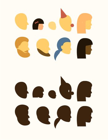 set - silhouette of head - people, withe and black female, male, muslim, beard and mustache, bald and undercut hairstyles, girl, boy, clown, teen, baby, logo, sign on the door of a public toilet, head profile - flat avatars isolated on whiteの写真素材