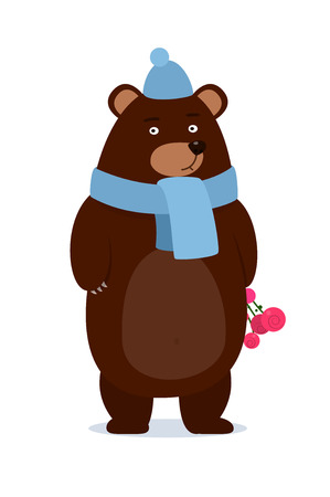 cartoon teddy bear wearing a scarf gives  gift - happy merry christmas design, new year, vector illustration eps10 graphicのイラスト素材