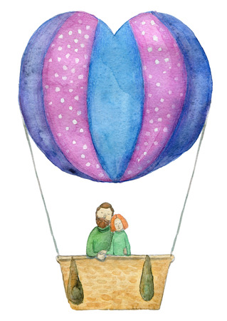 Valentines Day, Illustration or postcard of couple Lovebirds in a Hot Air Balloon - work clipping path isolated on white backgroundの写真素材