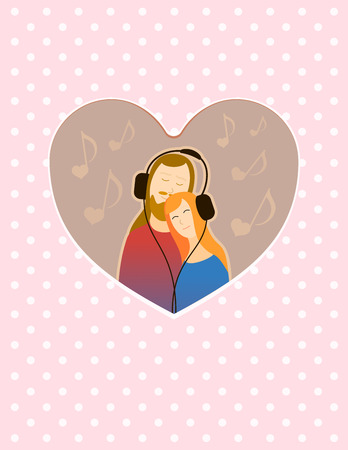 Couples of lover feeling lovely in Valentines Day with headphones musicの写真素材