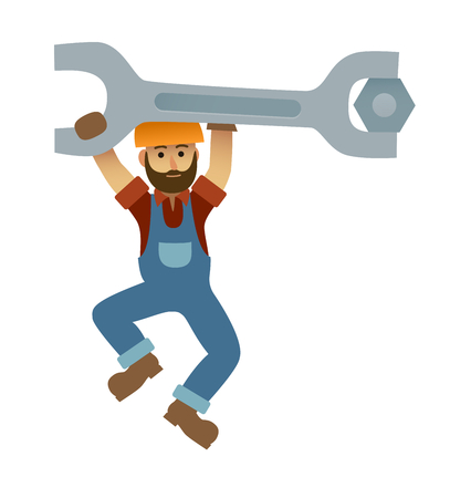 Cartoon mechanic holding a huge wrench, under constructionのイラスト素材