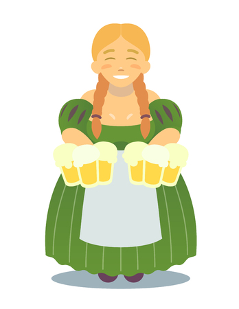 logo - cute blonde girl in traditional dress with beer mugs. Oktoberfest or St.Patrick s Day. Tavern, pub, bar, festival. flat designのイラスト素材