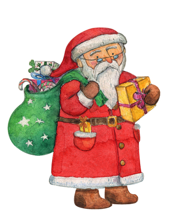 Cute Santa Claus wishing a Merry Christmas and Happy New Year with gifts bag, watercolor, hand drawing, aquarelle, isolated clipping pathの写真素材