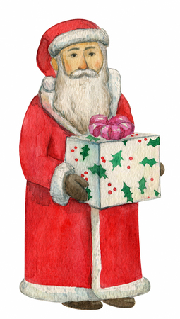 Cute Santa Claus wishing a Merry Christmas and Happy New Year with gifts bag, watercolor, hand drawing, aquarelle, isolated clipping path, retro vintageの写真素材