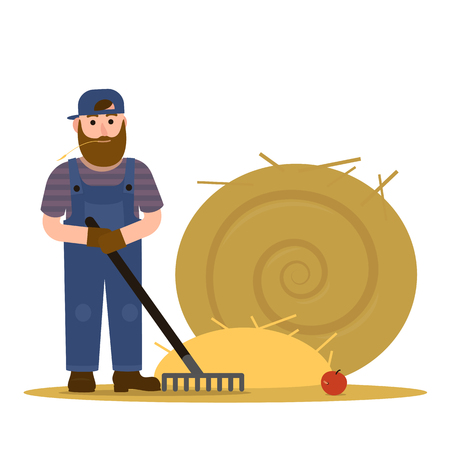 Farmer redneck with beard in overalls and baseball cap hat working with rake and a round sheaf of hay. Vector Illustration, flat Cartoonの写真素材