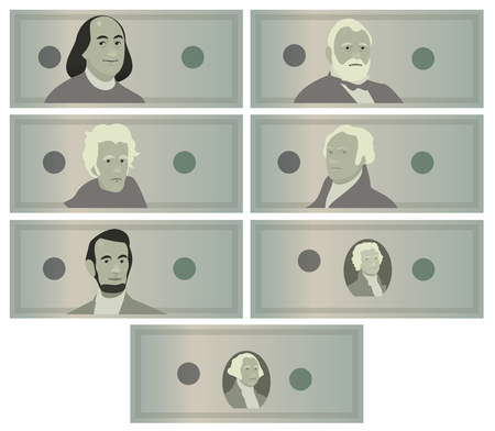 Dollars Banknotes Set Vector. Cartoon US Currency. American Money Bill Isolated Illustration. Cash Dollar Symbol. Every Denomination Of US Currency Note. Portraits of US Presidents. George Washington, Thomas Jefferson, Abraham Lincoln, Alexander Hamilton, Andrew Jackson, Ulysses S. Grant, Benjamin Franklin. flat, vector setの写真素材