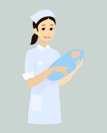 Nurse holding baby boy. Vector illustration of a maternal nurse take care of the baby boy.の写真素材