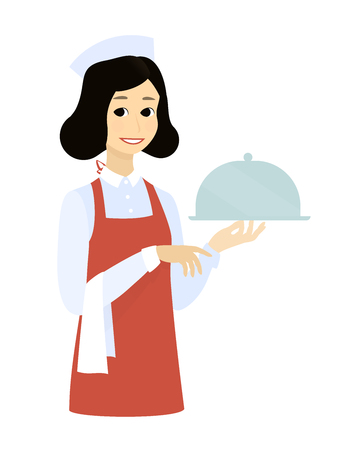 Cute waitress with the tray dish.Cartoon vector flat illustration design.の写真素材