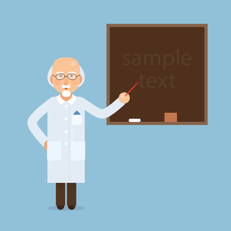 a Senior science teacher, scientist professor standing in front of blackboard teaching student in classroom at school, college or university. Flat designのイラスト素材