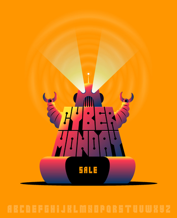 Cyber monday Sale poster concept. Vector illustration. retro robot and fontのイラスト素材