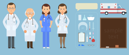 Hospital staff team, doctors, nurses, surgeon with medical icons  and ambulance. vector flat illustrationのイラスト素材