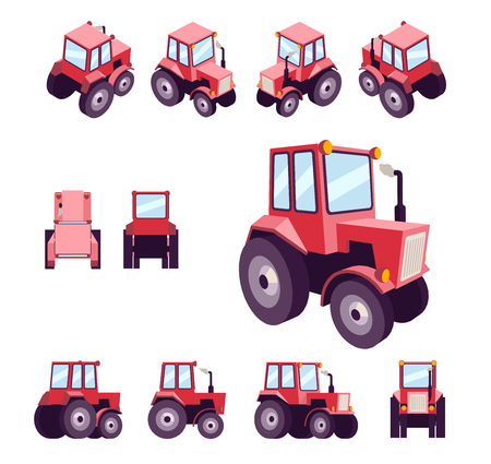 Red farm tractor, from different angles. Vehicle template vector isolated on white. View front, rear, side, top, isometric, back, 3D perspective, low poly flat style.のイラスト素材