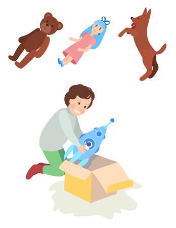 Child girl or boy opens the gift box toy, rocket, doll, Teddy bear or pet a dog. Christmas, New year or birthday. Flat style.のイラスト素材