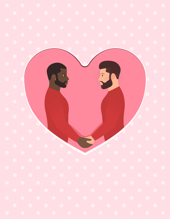 Afro american man and white man, multiracial gay couple in love. Holding hands and looking into each others eyes. Greeting card for Happy Valentines day, engagement or wedding or anniversary.のイラスト素材