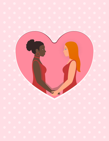 Happy valentines day February 14th greeting card. Afro american girl and white redhead girl, a lesbian multiracial gay couple in love. Holding hands and looking into each others eyes.のイラスト素材